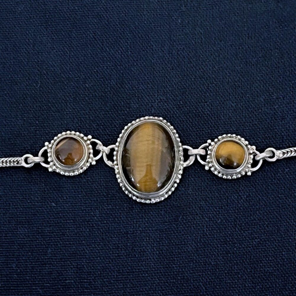 Silver Bracelet with Tiger Eyes Stones Stamped 925